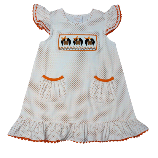 Faye Flutter Dress | Orange & White Dog