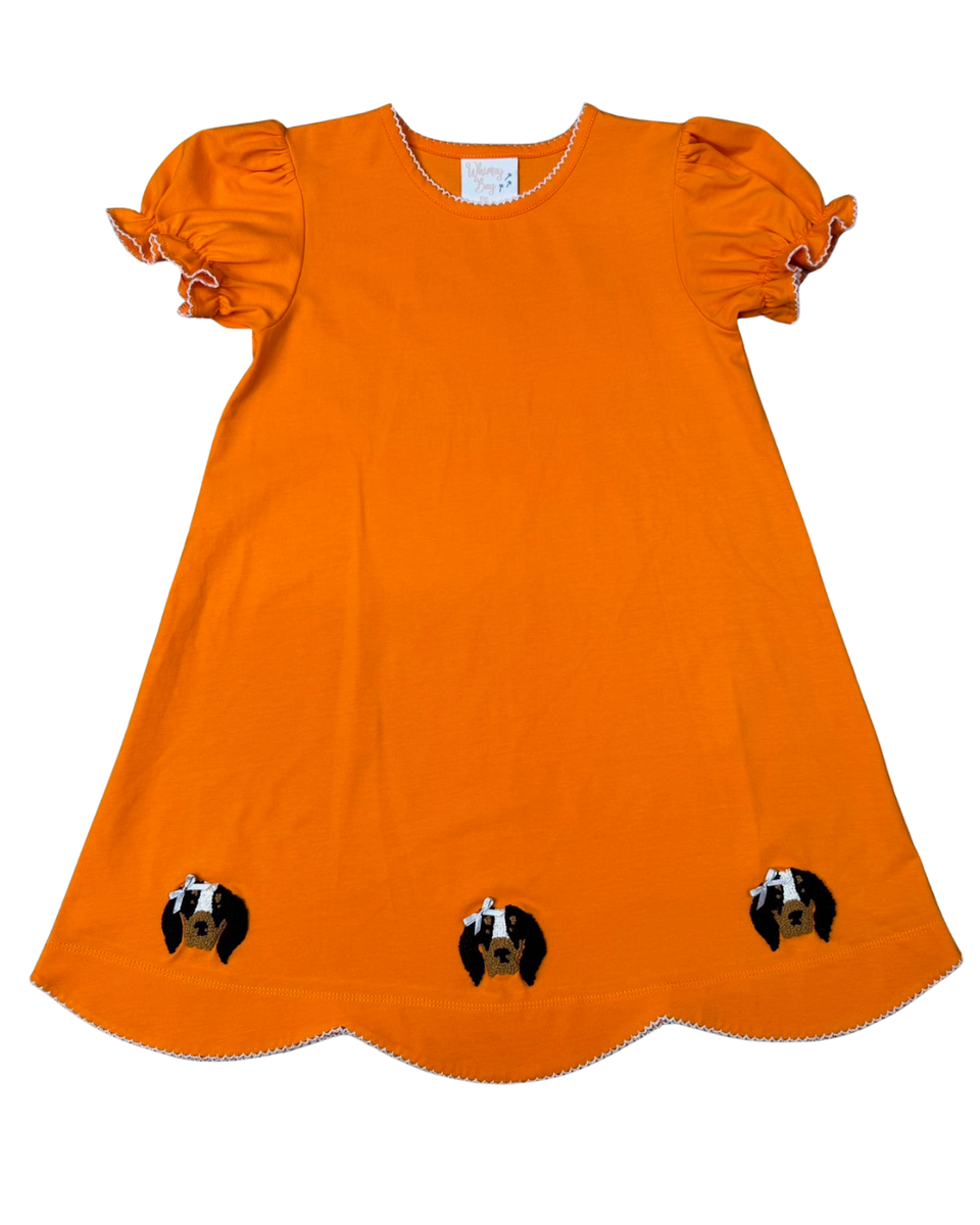 Scalloped Dress | Orange & White Dog
